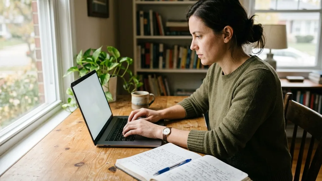 Writer drafting an article on a laptop beside a notebook with a handwritten outline