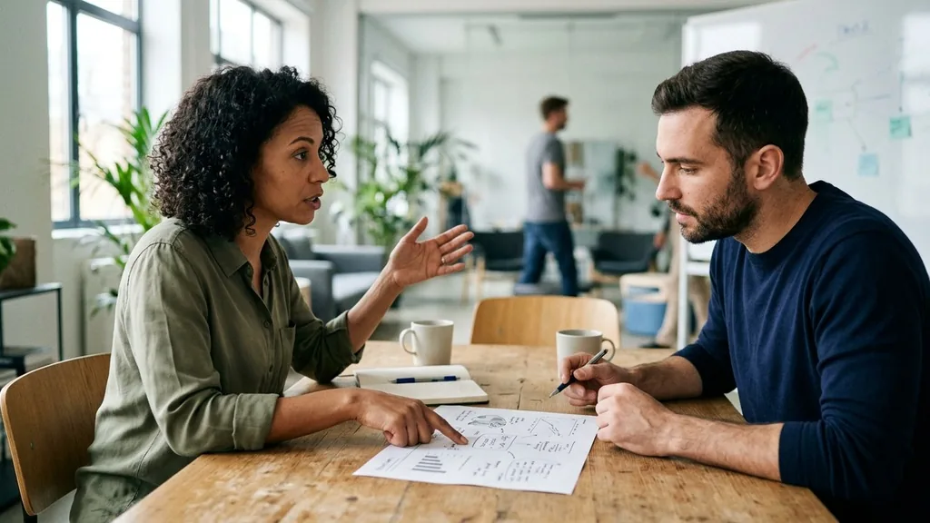 Two colleagues discussing a printed one-page marketing plan across a table