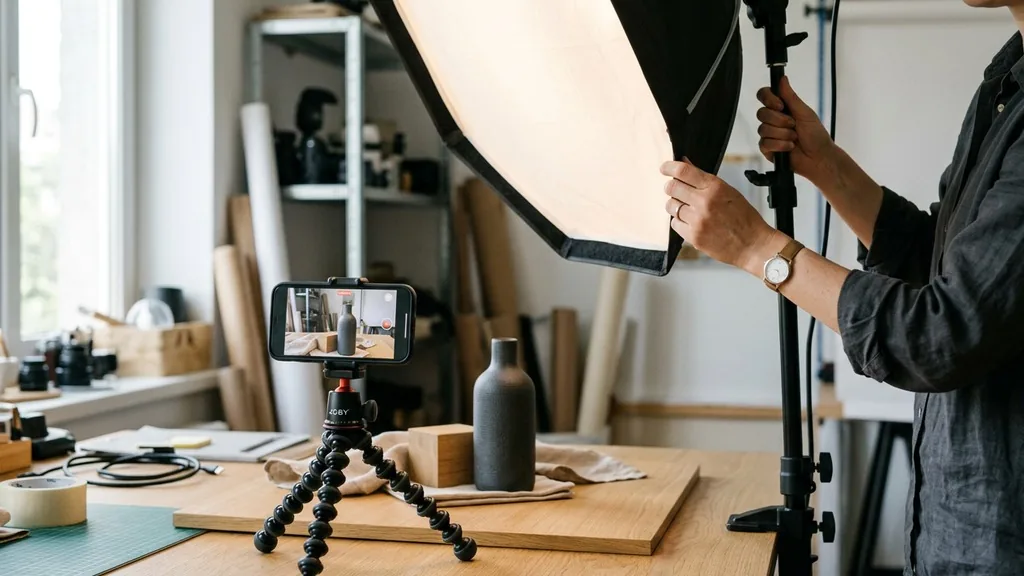 Small product video shoot with a phone on a tripod and a softbox on a tabletop