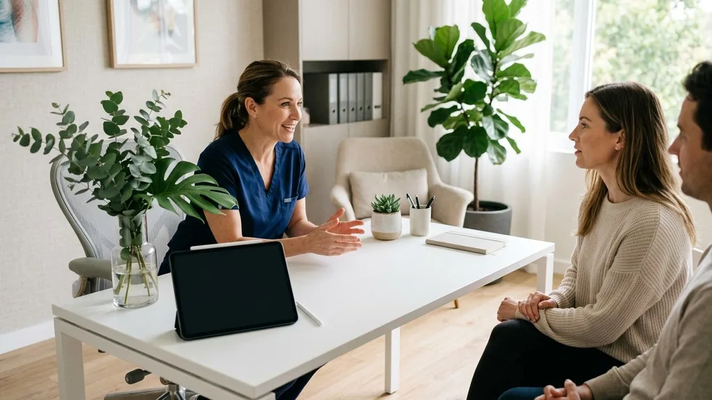 Bright modern plastic surgery consultation room with a tablet on a clean white desk beside plants