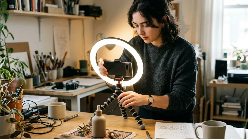 Young creator filming a small product on a ring-lit desk with a smartphone mounted on a tripod