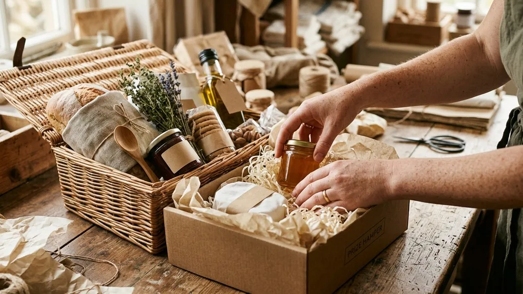 Hands packing a prize hamper of plain products into a gift box with tissue paper on a table