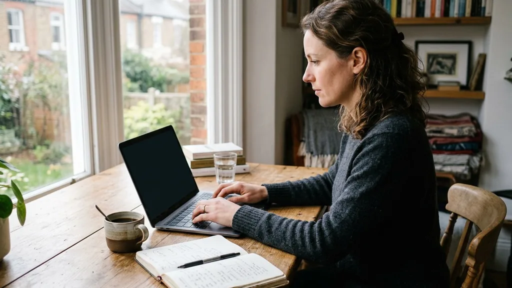 Writer working on a laptop at a bright wooden desk beside a notebook with a handwritten outline