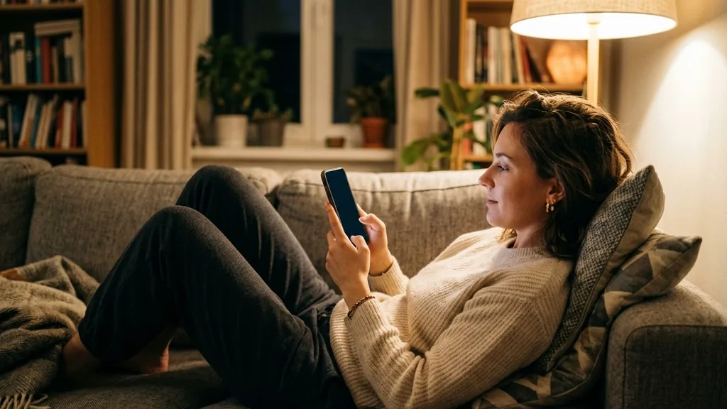 Person relaxed on a sofa scrolling on a smartphone under warm lamp light in the evening