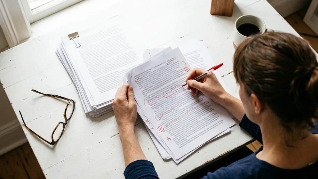 Editor marking up a printed article draft with a red pen beside a stack of printed pages