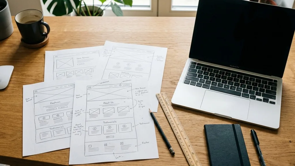 Printed landing page wireframe sketches spread across a desk beside a laptop, pencil and ruler