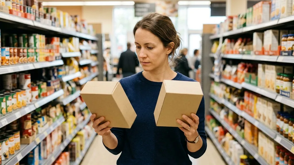 Shopper in a supermarket aisle holding two plain unlabelled product boxes and comparing them