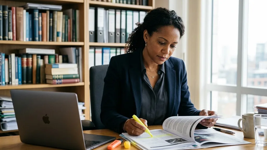 Lawyer in a bright office reviewing printed advertising documents with a highlighter beside a laptop
