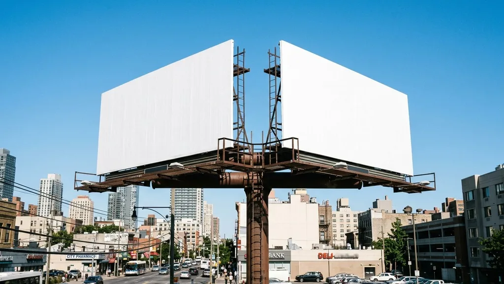Two blank white billboards standing side by side against a clear blue sky above a city street