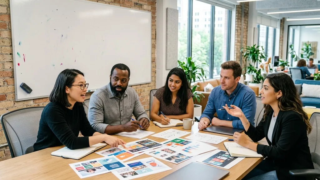 Small marketing team around a meeting table reviewing printed campaign layouts in a bright office
