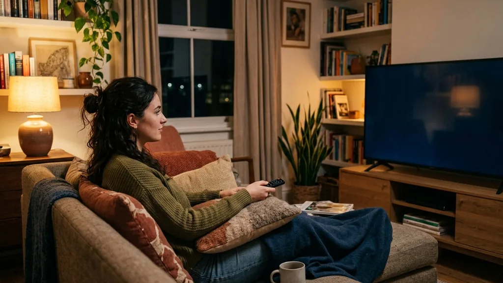 Person sitting on a sofa watching a blank connected TV screen in a warm living room at night
