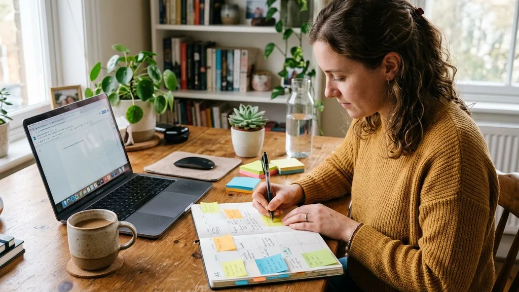 Content writer filling a paper monthly planner with sticky notes beside a laptop and a mug