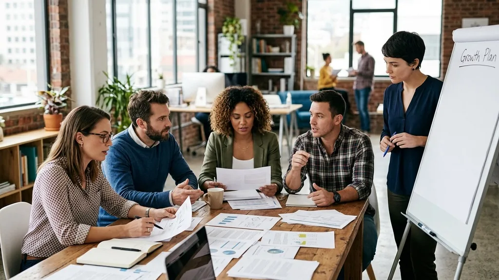 Small marketing team around a table reviewing printed growth plan pages beside a flipchart