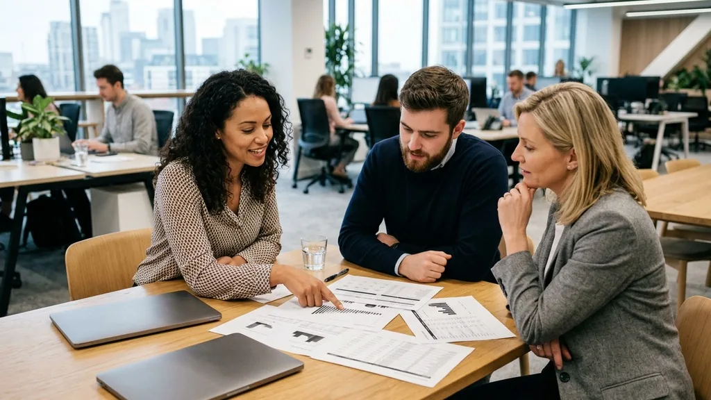 Three colleagues around a table comparing printed software comparison sheets in a daylit office