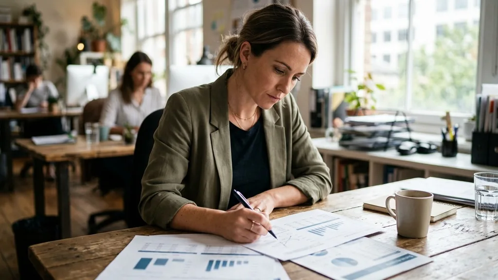 Analyst reviewing printed email campaign performance reports with a pen at a wooden desk