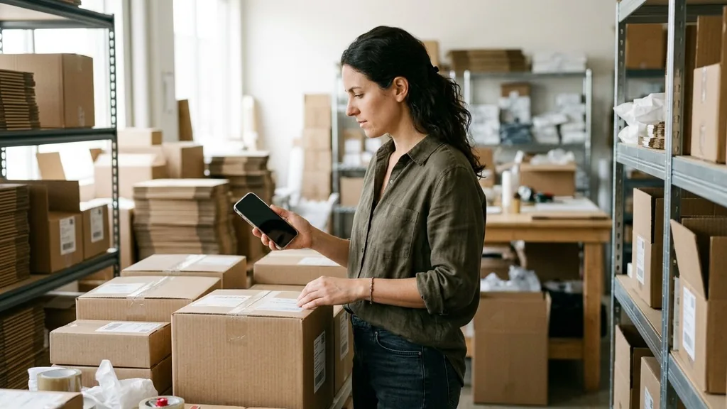 Small ecommerce business owner holding a smartphone beside packing boxes in a bright studio warehouse