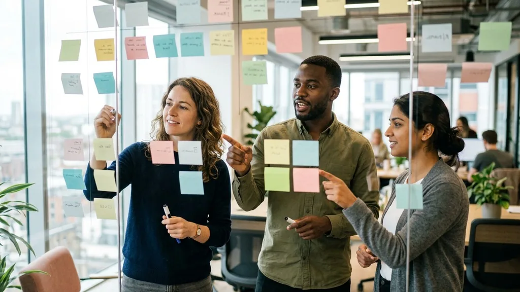 Three colleagues planning an email content calendar with sticky notes on a glass office wall