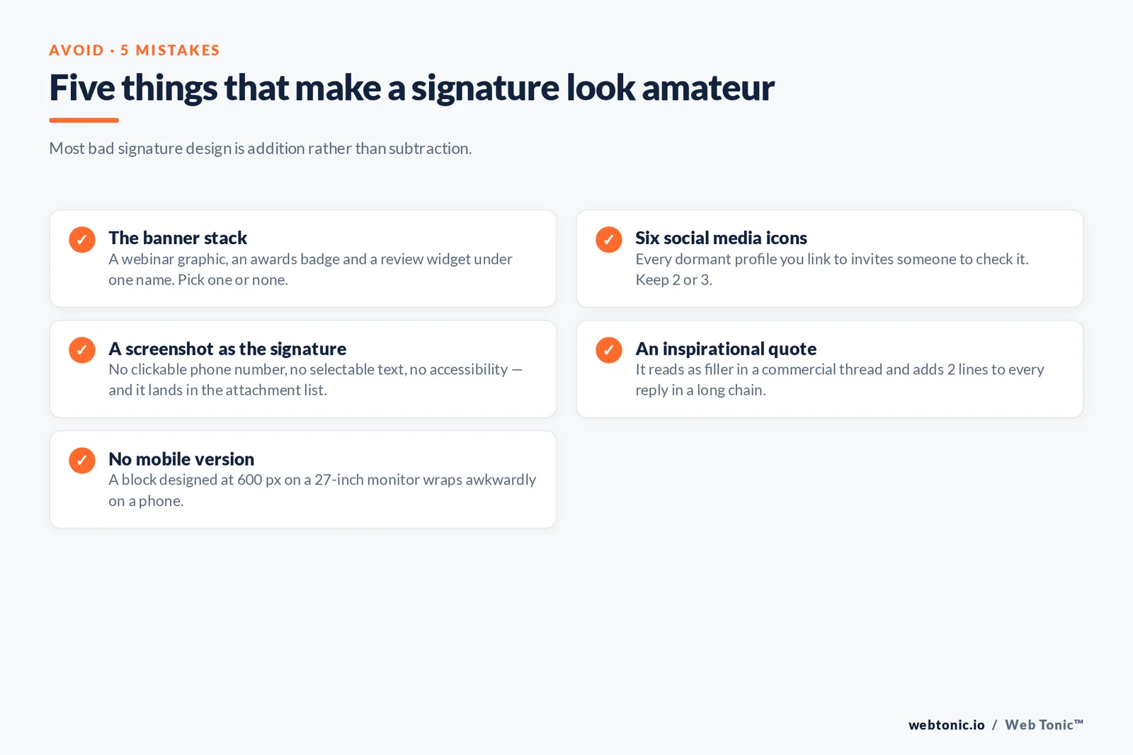 Checklist of five amateur email signature mistakes: banner stacks, six social icons, using a screenshot, inspirational quotes and having no mobile version under 320 pixels wide