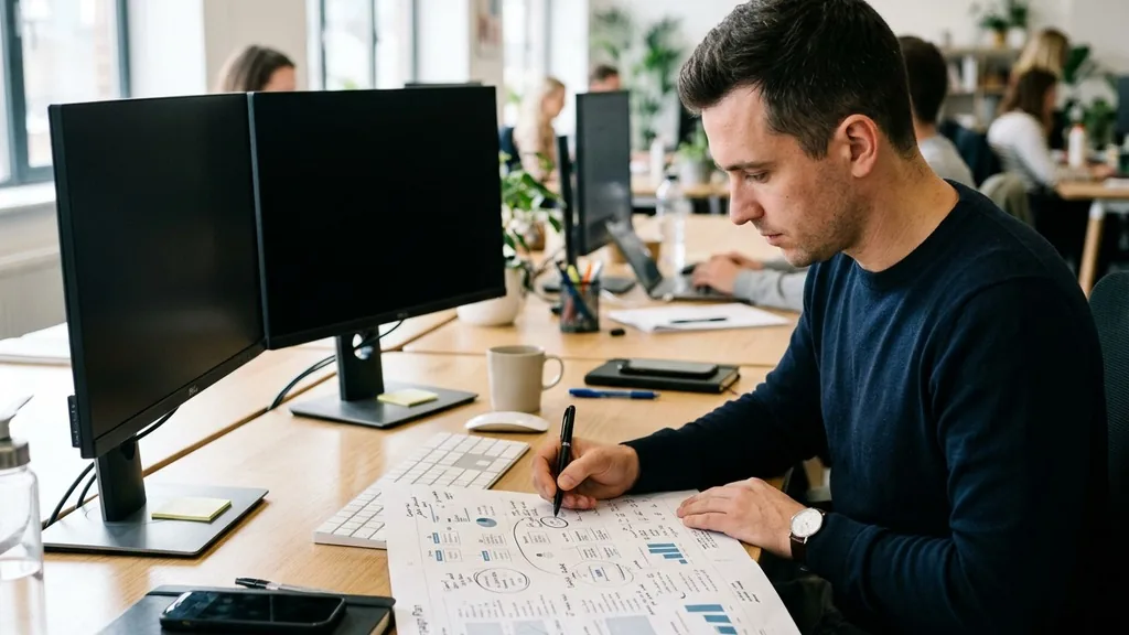 Media buyer annotating a printed paid media campaign plan at a bright desk beside two monitors