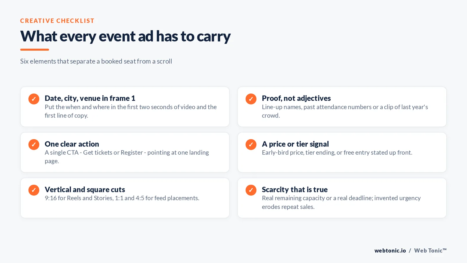 Checklist of six elements every event ad must carry, from date and city in frame one to true scarcity
