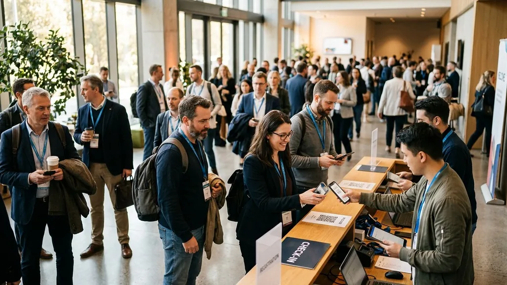Attendees arriving at a conference check-in desk in a daylit venue lobby while staff scan phones