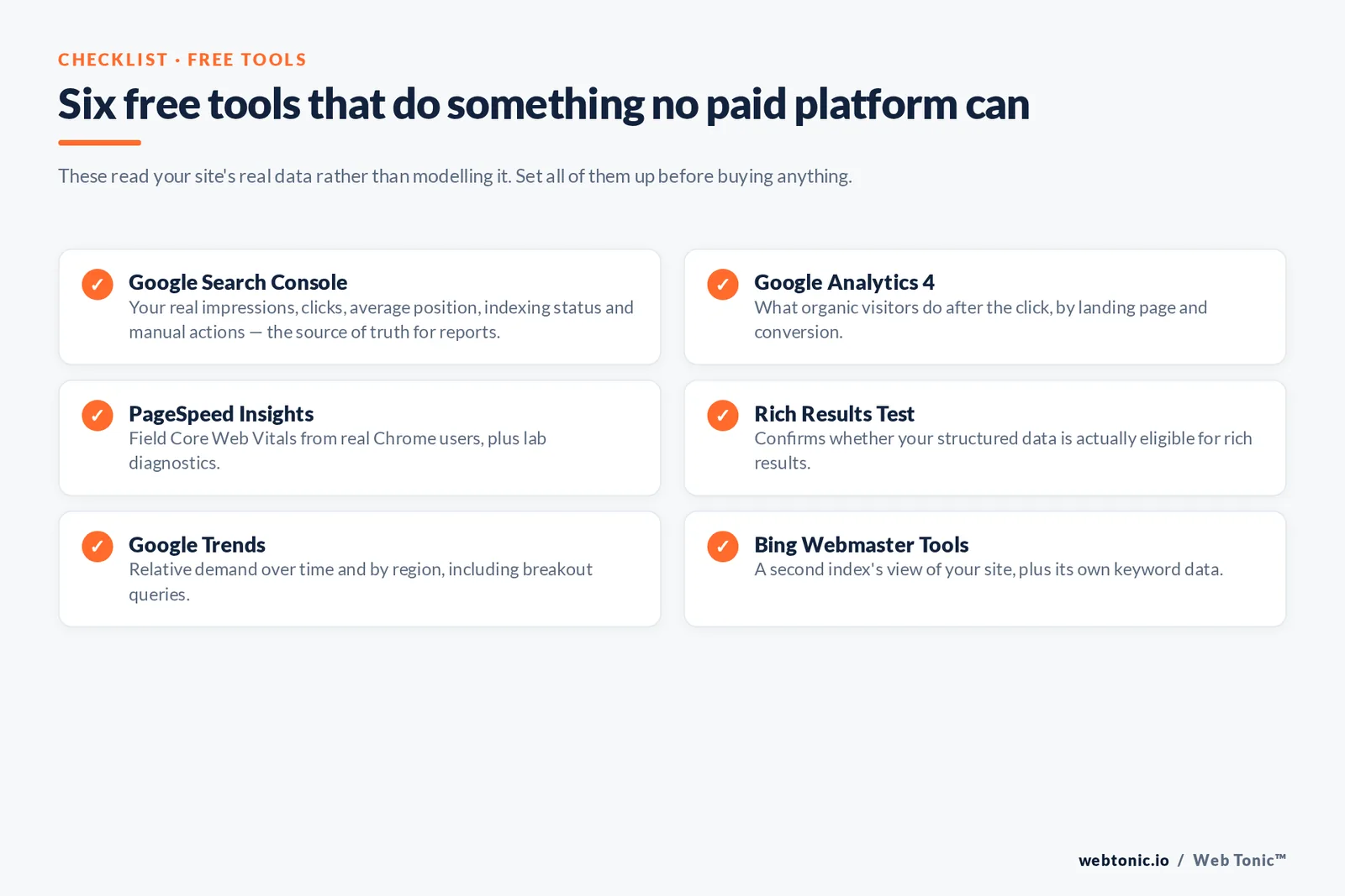 Web Tonic checklist graphic: Six free tools that do something no paid platform can