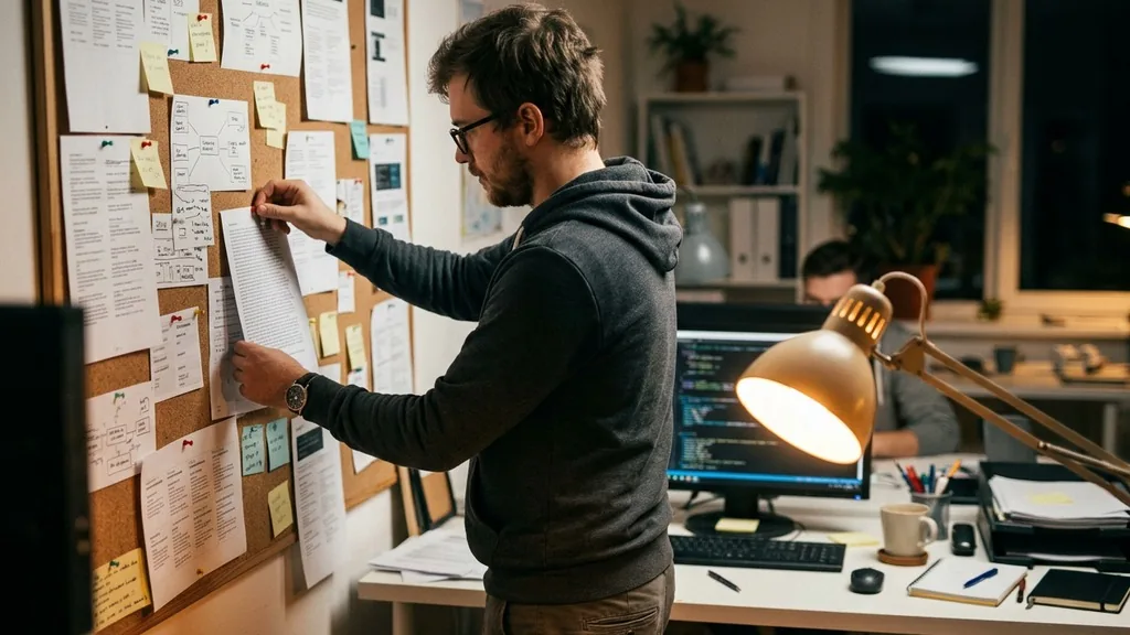 Paid search specialist pinning printed ad copy sheets to a corkboard in an agency office lit by a desk lamp