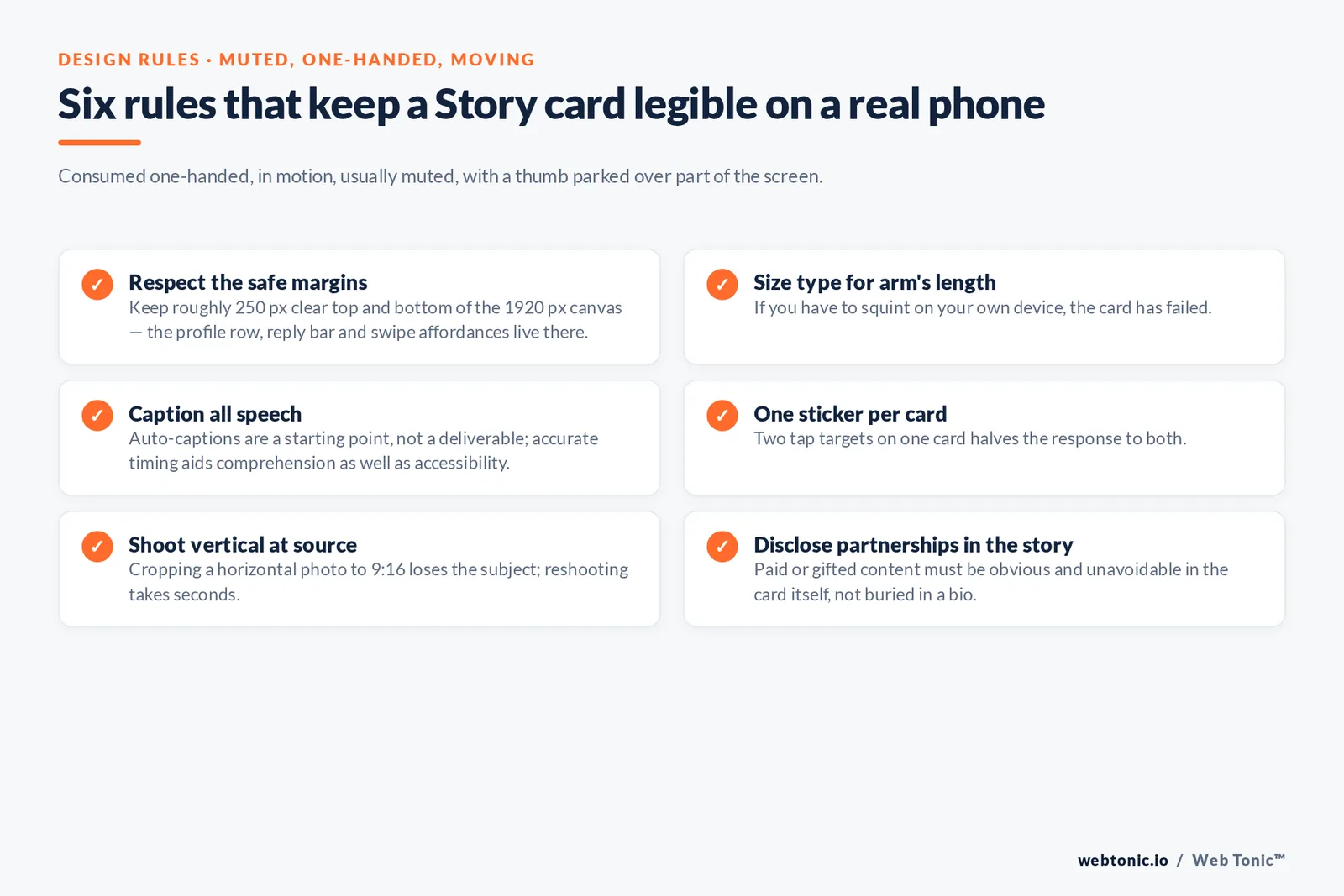 Checklist of six Instagram Story design rules covering 250px safe margins, type size, captions, one sticker per card, vertical shooting and disclosure