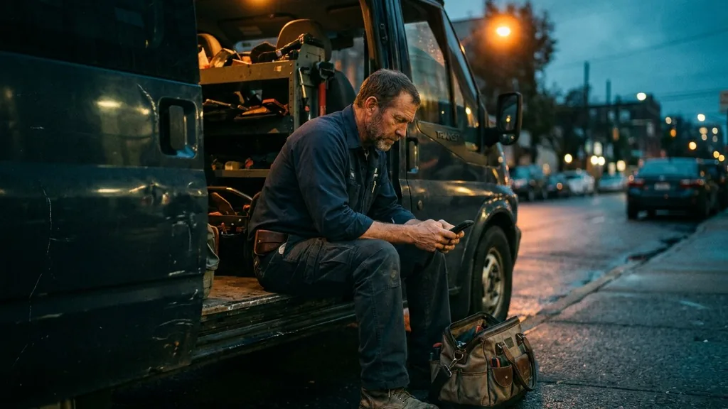 Plumber sitting in the open door of his service van at dusk typing a short review request message on his phone
