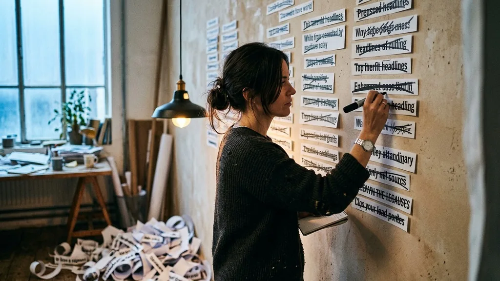 Copywriter standing at a studio wall crossing out printed headline strips with a marker while rejected strips curl on the floor