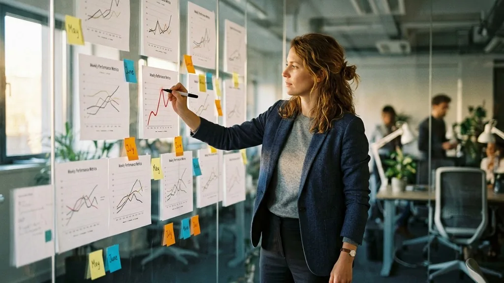 Marketing analyst tracing a rising search interest curve on printed weekly charts pinned across a glass office wall in late afternoon light