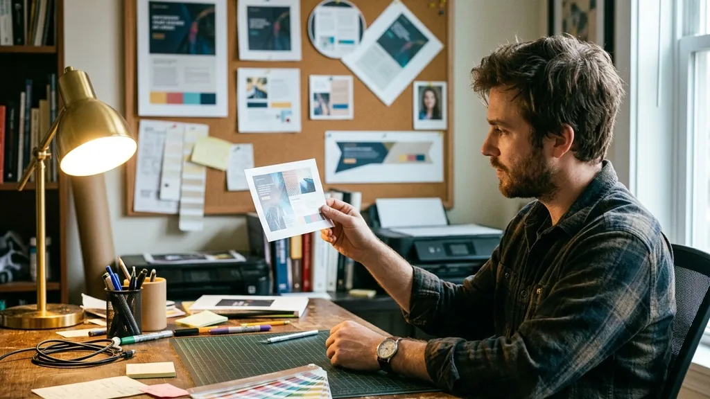Graphic designer at a studio desk holding a printed banner ad proof with more printed ad layouts pinned to a corkboard behind him