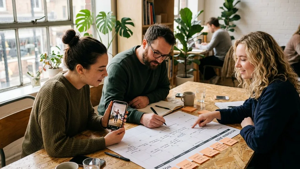 Small social media team of three reviewing a printed monthly content calendar on a plywood table while one holds a phone showing a vertical video