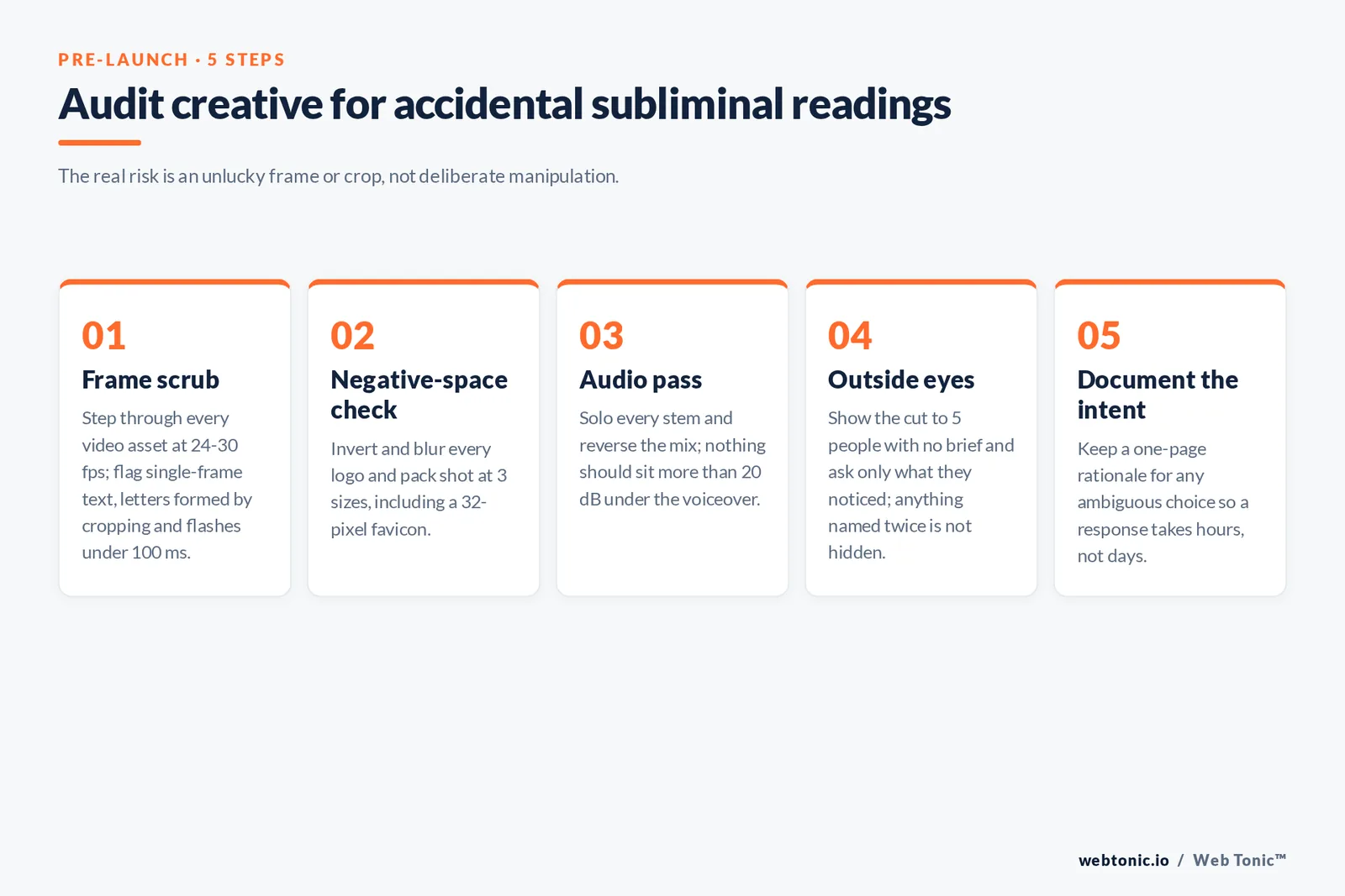 Audit creative for accidental subliminal readings — branded Web Tonic framework graphic: The real risk is an unlucky frame or crop, not deliberate manipulation.