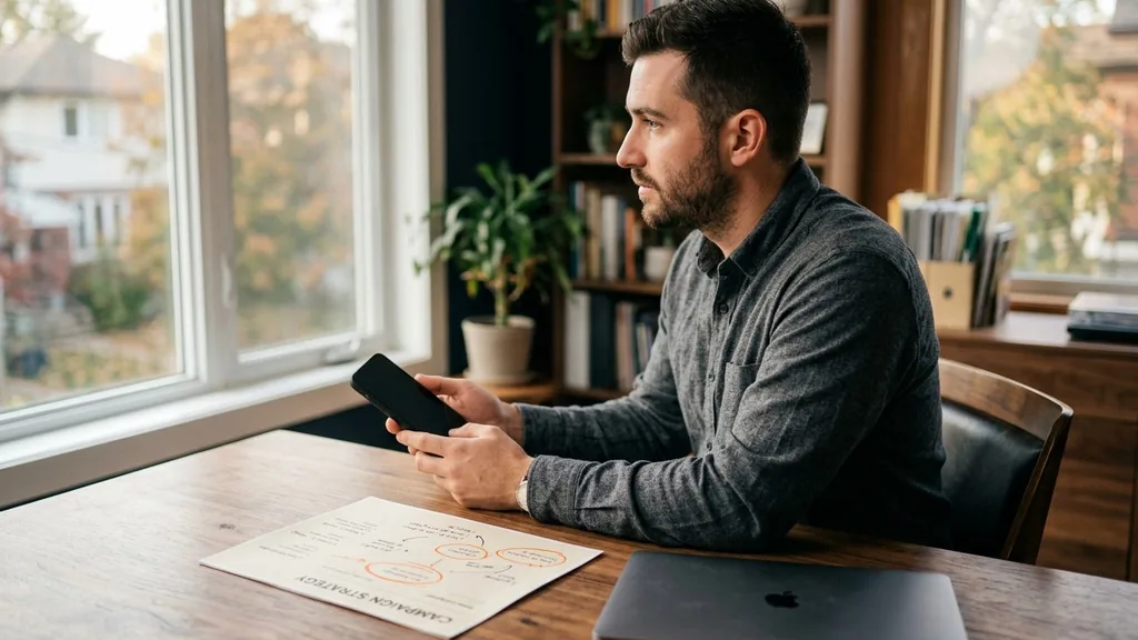 Performance marketer at a walnut desk in afternoon light holding a phone while reviewing a printed campaign plan marked up in orange