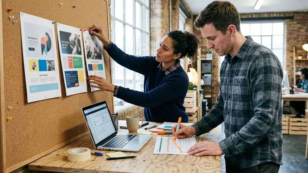 Two analysts at a standing desk pinning printed advertisement layouts to a corkboard while marking a printed spreadsheet with an orange marker