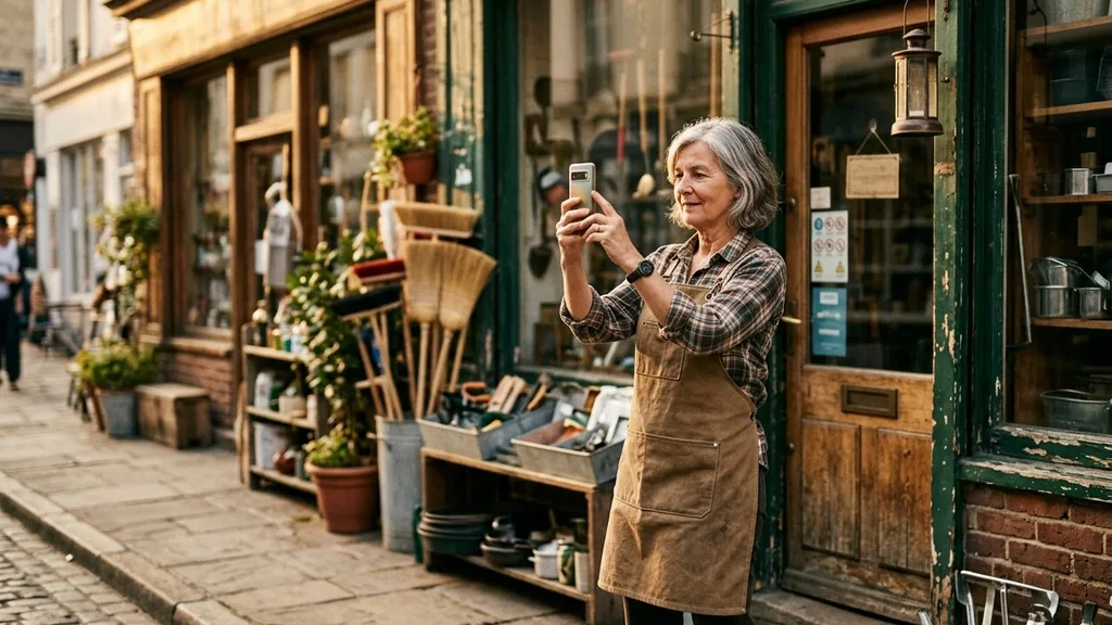 Small hardware shop owner standing outside her storefront in late afternoon light photographing the shop front with a smartphone