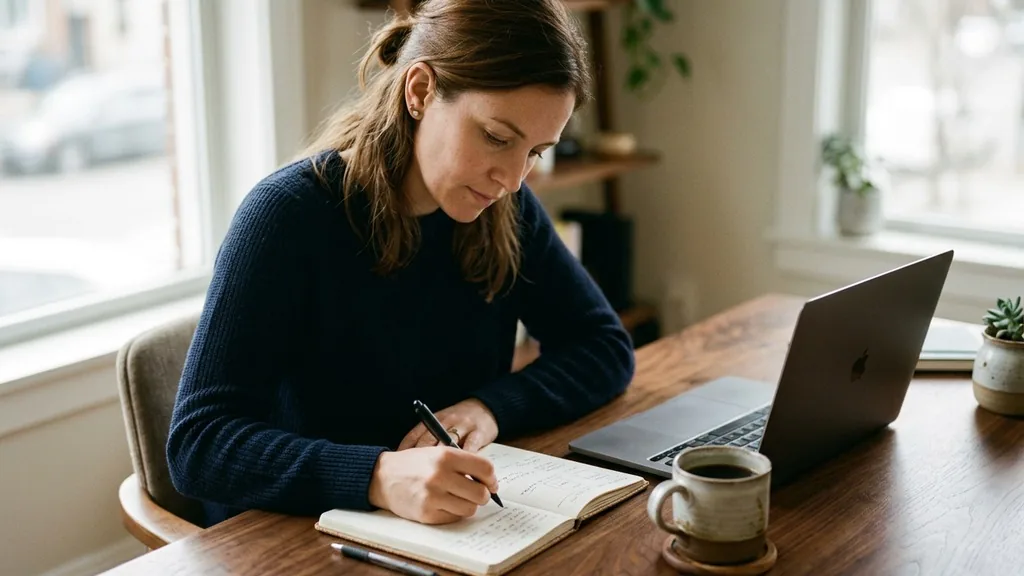 Professional at a wooden desk in soft morning window light drafting notes in a paper notebook beside a laptop and a cup of coffee