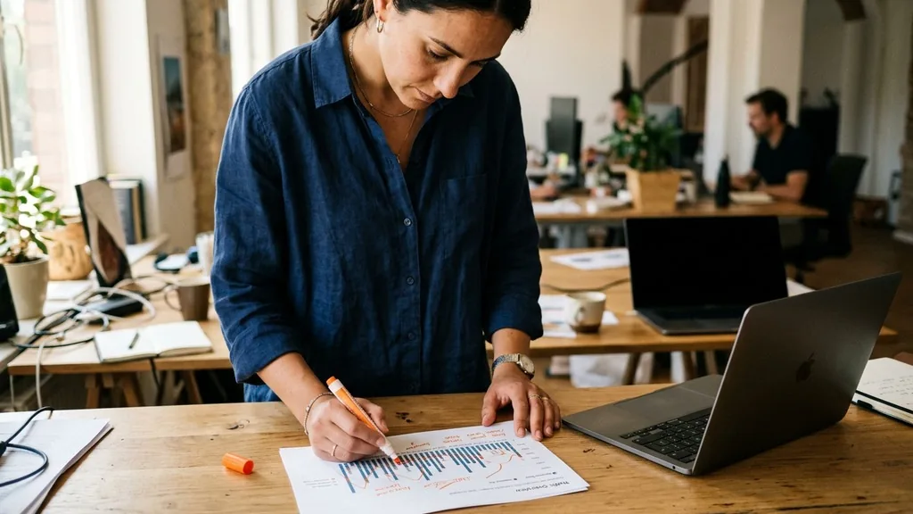 SEO strategist standing at a daylit desk annotating printed website traffic charts with an orange marker in warm side window light