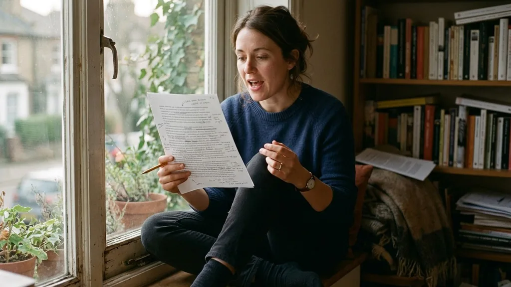 Content editor sitting on a windowsill reading a pencil-marked printed draft aloud in soft late afternoon light