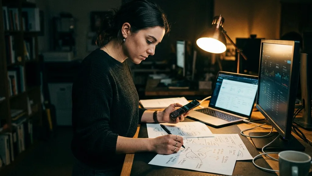 Paid social media buyer marking up a printed audience diagram at a standing desk late at night lit by a desk lamp and two dashboard monitors