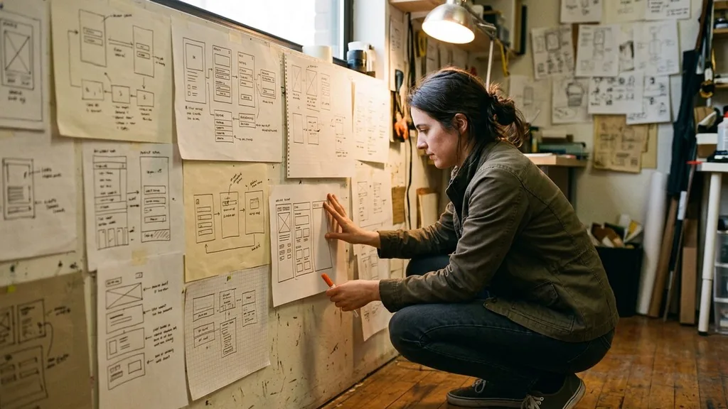 Product designer crouched beside a studio wall of hand-drawn paper interface sketches pressing one sheet flat while holding an orange marker in afternoon light