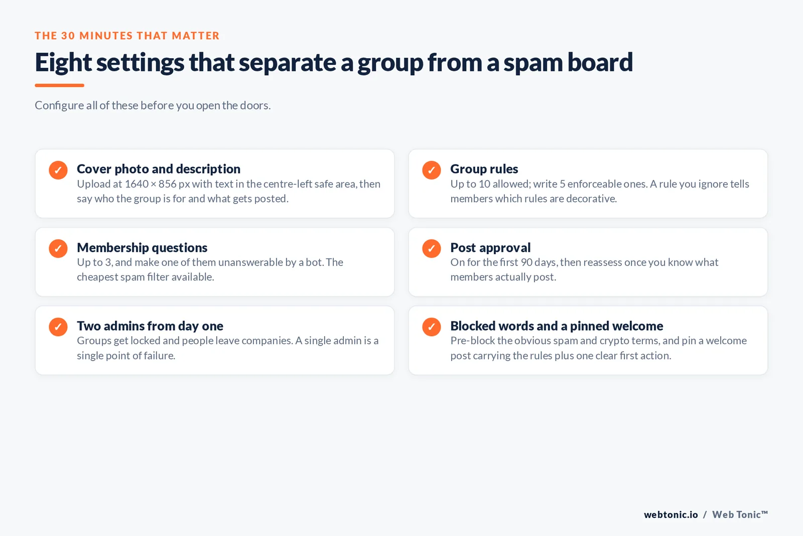 Eight settings that separate a group from a spam board — branded Web Tonic checklist graphic: Configure all of these before you open the doors.