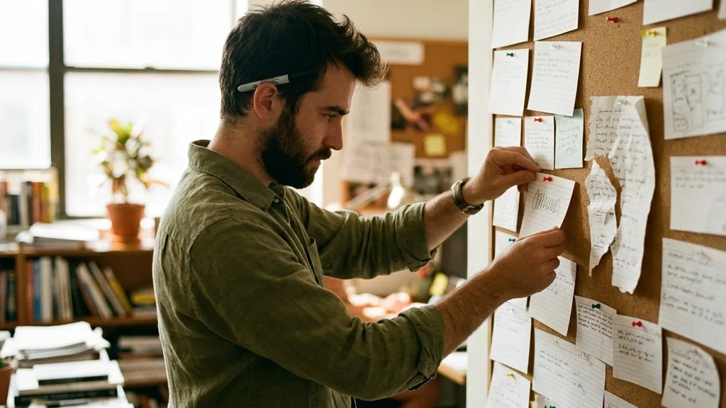 Copywriter in a linen shirt pinning a hand-written headline card onto a cork wall covered in twenty other index cards in afternoon window light