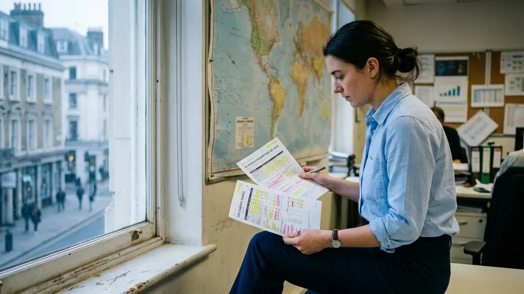Media planner in a blue shirt sitting on an office windowsill in morning light comparing two highlighted printed market reports