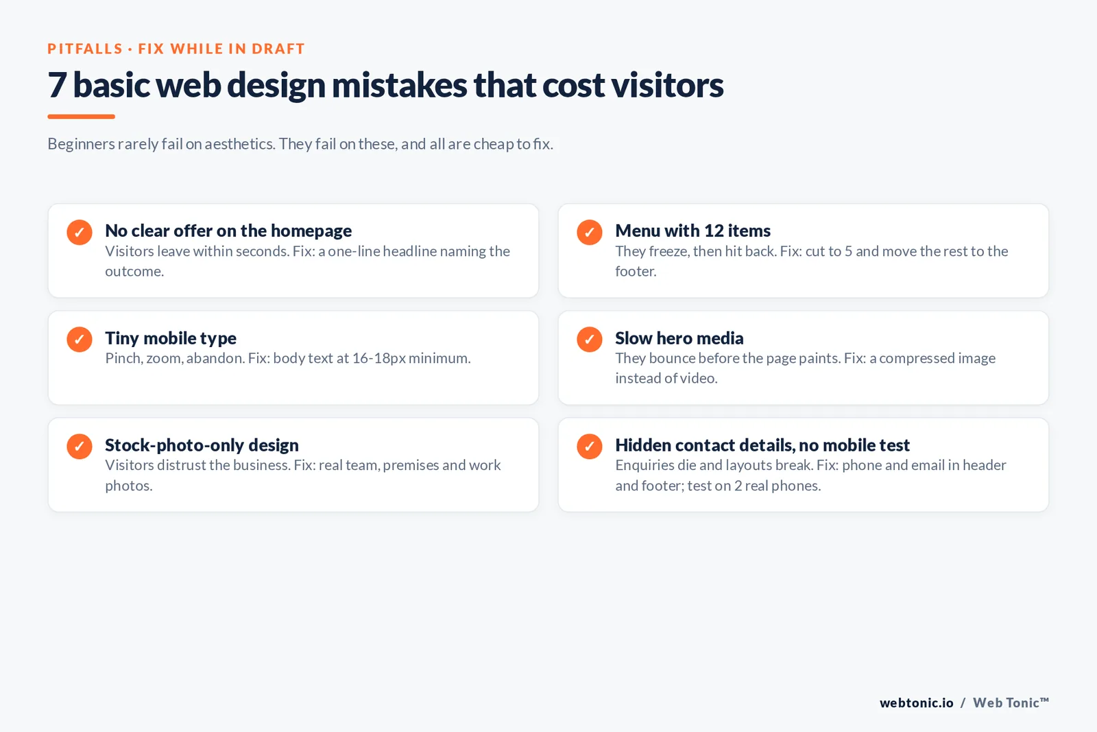 7 basic web design mistakes that cost visitors — branded checklist graphic: Beginners rarely fail on aesthetics. They fail on these, and all are cheap to fix.