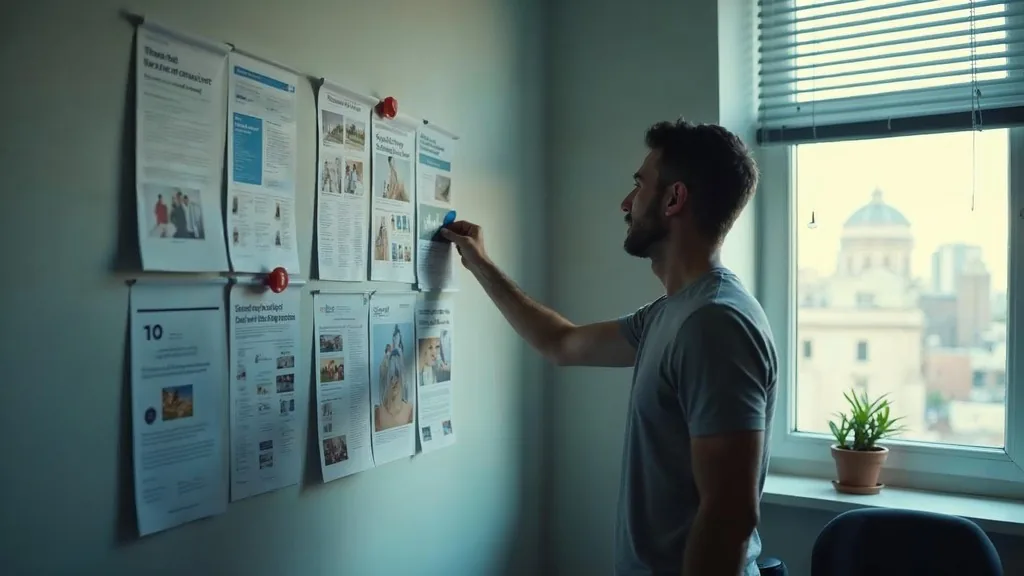 Paid-media specialist pinning printed campaign one-pagers to an agency wall while comparing Google Ads campaign types