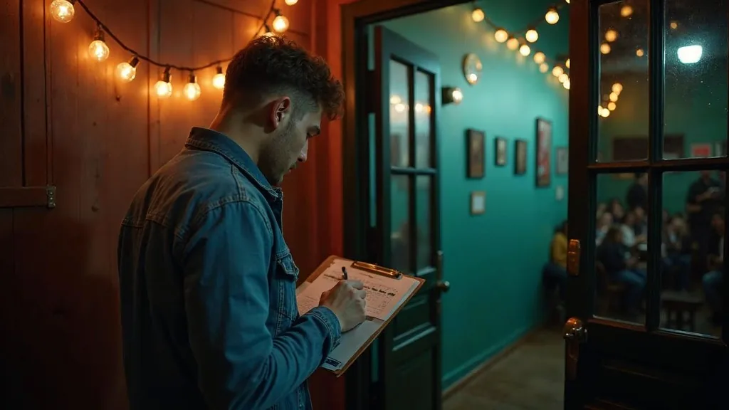 Event promoter checking a run sheet at a small venue entrance before doors open, illustrating event campaign timing