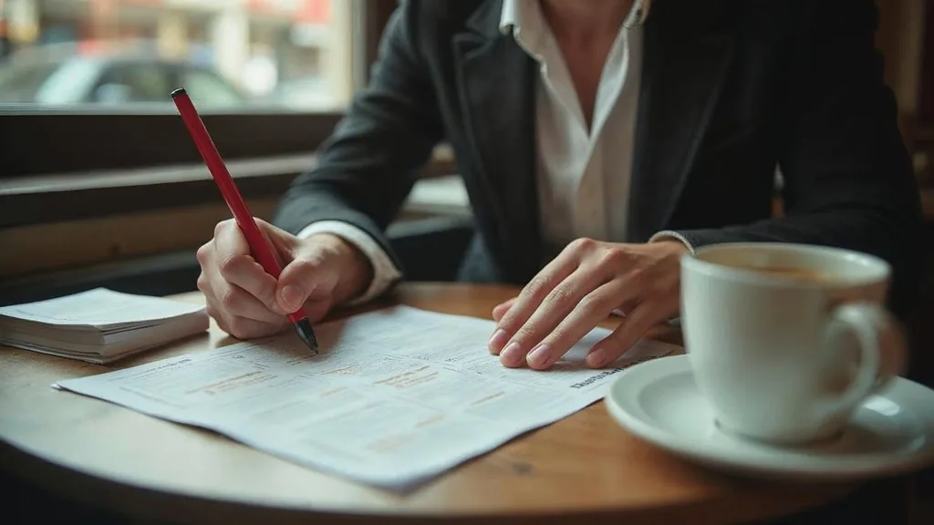 Copywriter marking up printed Google Ads variants with a red pen at a cafe table