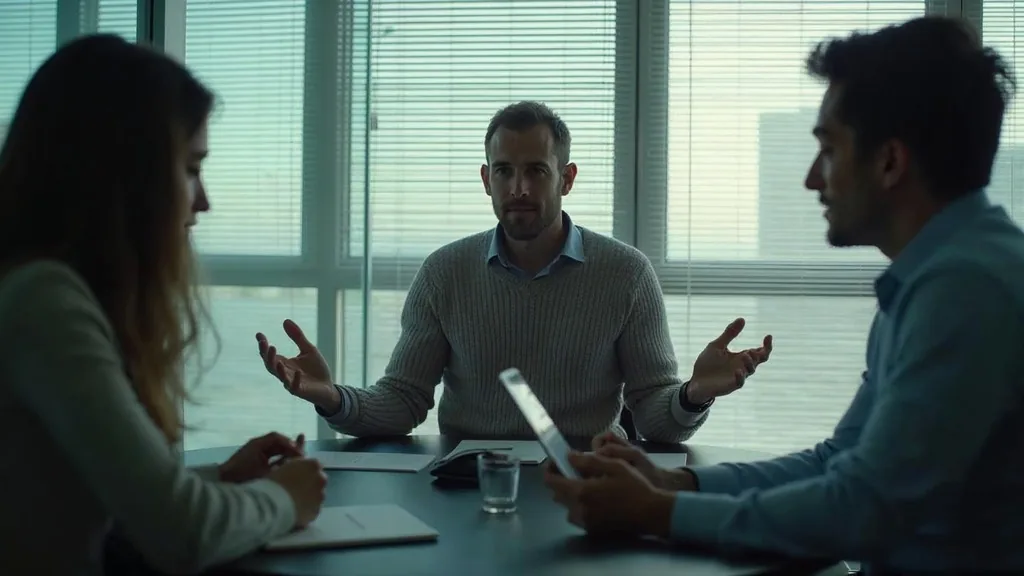 Founder interviewing two agency representatives in a glass meeting room while shortlisting PPC companies